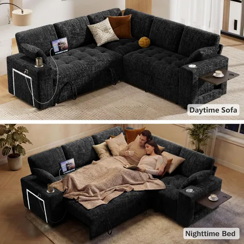 Vista 5 de Vipbear Sofá cama modular de 86 pulgadas con cama extraíble, sofá en forma de L de felpilla de 5 asientos con puertos USB, portavasos, mesa Negro