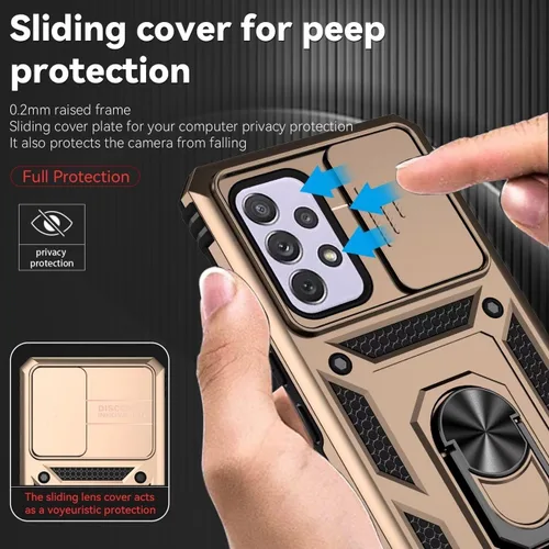 Vista 2 de Funda para Galaxy A53 5G, Samsung A53 5G SM-A536U con protector de pantalla de vidrio templado y cubierta de cámara deslizante, anillo magnético Oro