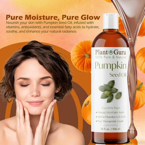 Vista 4 de Aceite de semilla de calabaza de 8 onzas líquidas prensado en frío 100% puro y natural, ideal para hidratar piel, cara, cuerpo y cabello. Ideal