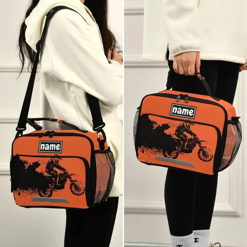 Vista 5 de Bolsa de almuerzo deportiva de motocross vintage personalizada para niños y niñas, bolsas de almuerzo personalizadas con tu nombre, lonchera aislada