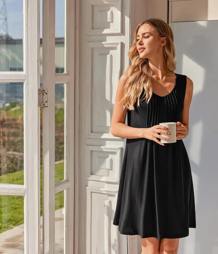 Vista 4 de Ekouaer Camisones para Mujeres Sin Mangas Camisa de Dormir Tipo Tank Camisón Cuello en V Camisola Plisada Camisa de Noche Vestido de Dormir Suave