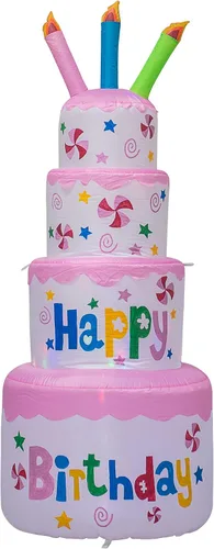 Vista 2 de AJY Pastel inflable de feliz cumpleaños de 6 pies con vela, decoración de césped para interiores y exteriores