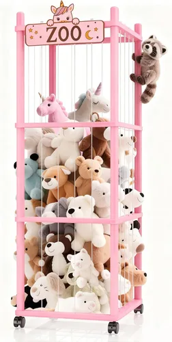 Vista 10 de Torre del zoológico de almacenamiento de animales de peluche, organizador grande de madera de 56 pulgadas con ruedas, almacenamiento de peluches