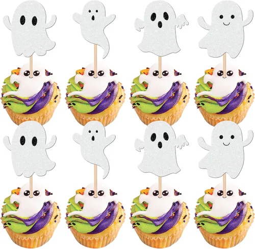 Vista 12 de 30 piezas de decoración de murciélagos de Halloween para cupcakes de murciélago con purpurina negra para Halloween, decoración de pasteles de Negro
