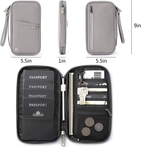 Vista 6 de VanFn Cartera RFID para pasaporte de viaje, soporte para pasaporte familiar, organizador de documentos de viaje serie P.Travel (nailon, gris)