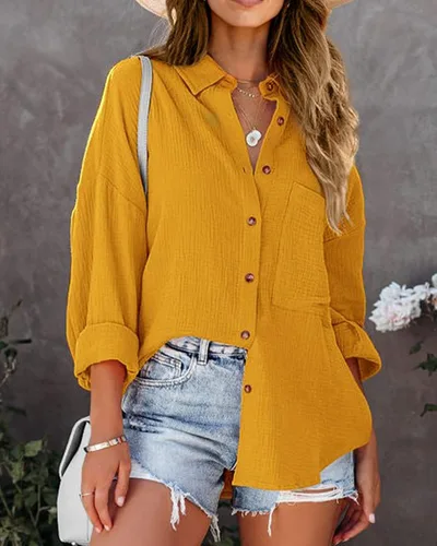 Vista 5 de NOLLSOM Camisas casuales para mujer, blusas de manga larga con botones, color liso, con bolsillo