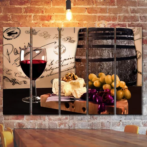 Vista 3 de Gran copa de vino tinto de 5 piezas para decoración de pared, póster impreso en paneles de lienzo, juego de decoración de pared con temática