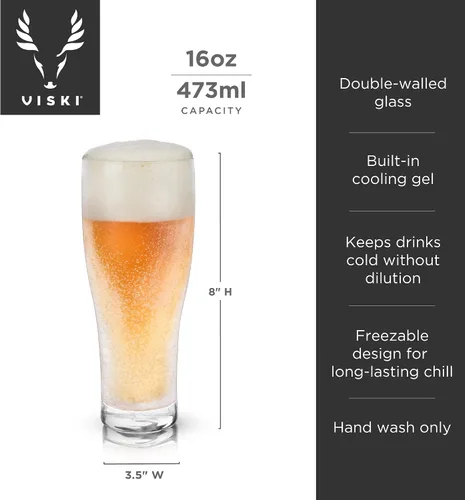 Vista 3 de Viski Glacier - Vaso de cerveza de doble pared con gel refrescante activo, perfecto para bebidas frías en fiestas en interiores y exteriores