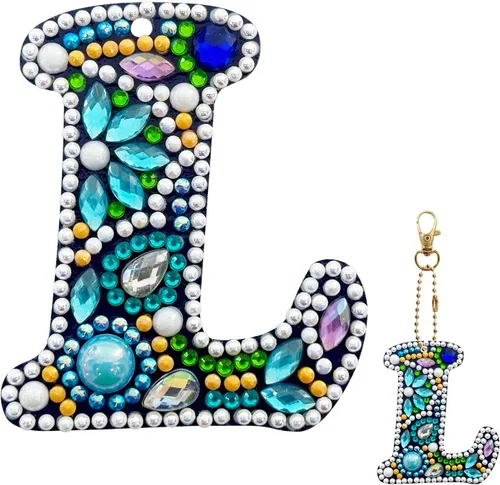 Vista 15 de YOYA Llavero de pintura de diamante de doble cara 5D, taladro completo A-Z, 26 letras de la A a la Z, kit de llaveros de arte de diamantes con gemas