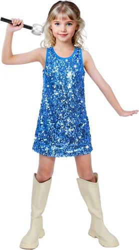 Vista 10 de Vestido de lentejuelas para niñas, sin mangas, con purpurina, disfraz para graduación, concierto, fiesta con accesorio de micrófono de purpurina