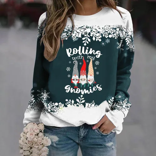 Vista 3 de eguiwyn Sudadera de Navidad para mujer, de manga larga, con bonito estampado de Papá Noel, cuello redondo, sin botones