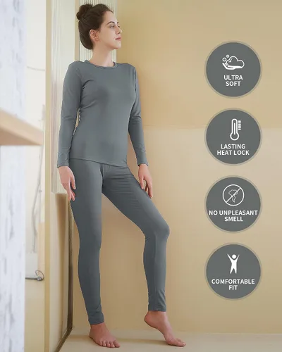 Vista 5 de WEERTI Ropa interior térmica larga de cabeza a pies para mujeres, con forro de vellón, capa base para climas fríos
