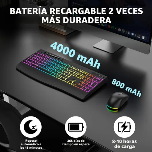 Vista 6 de Combo de teclado y mouse inalámbricos, 9 efectos retroiluminados, teclado retroiluminado recargable de 4000 mAh con reposamuñecas, mouse de 6