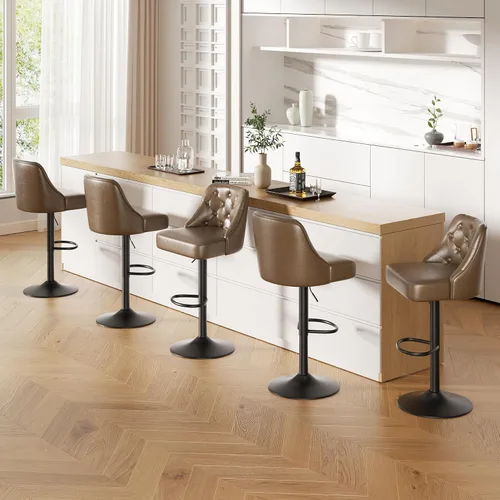 Vista 25 de Juego de 2 taburetes de bar, taburete de bar ajustable con respaldo, sillas de bar tapizadas de piel sintética, taburetes de bar giratorios modernos