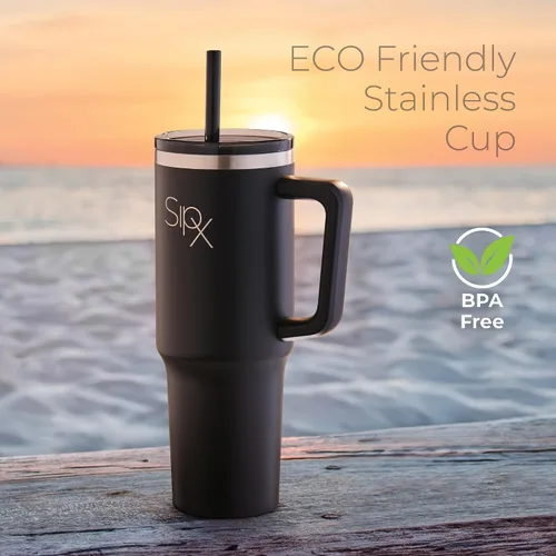Vista 7 de SipX™ Vaso aislado de 30 onzas con asa y pajita, acero inoxidable aislado al vacío, a prueba de fugas, apto para portavasos - Perfecto para café