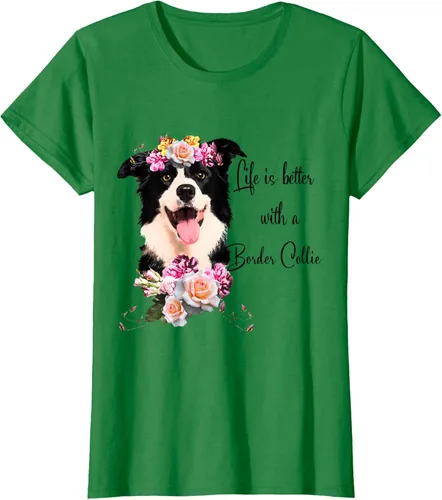 Vista 46 de Life is Better With a Border Collie - Camiseta de perro lindo con flores, gris, S Gris Oscuro