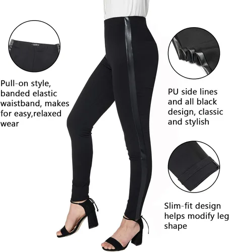 Vista 6 de Asoran Pantalones de vestir para mujer pantalones de trabajo de esmoquin negros pantalones elásticos ajustados con rayas de cuero para uso casual
