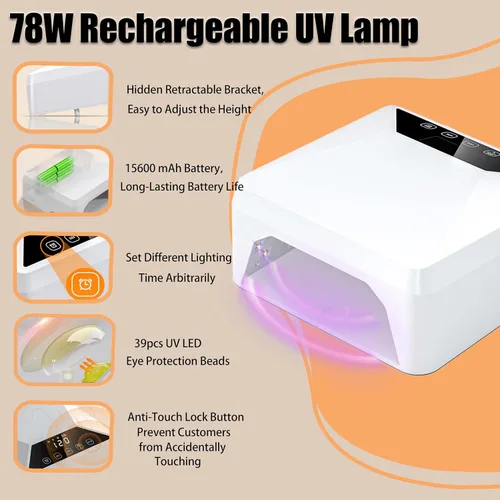 Vista 4 de Lámpara de pie UV, lámpara UV recargable de 78 W para pies, secador de uñas LED con soporte telescópico oculto, esmalte de uñas inalámbrico