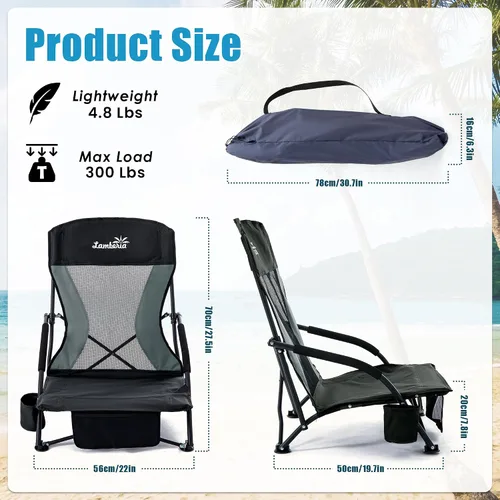 Vista 3 de Lamberia Silla de playa plegable para adultos, paquete de 2, sillas de playa bajas portátiles con capacidad de 300 libras, silla de camping ligera