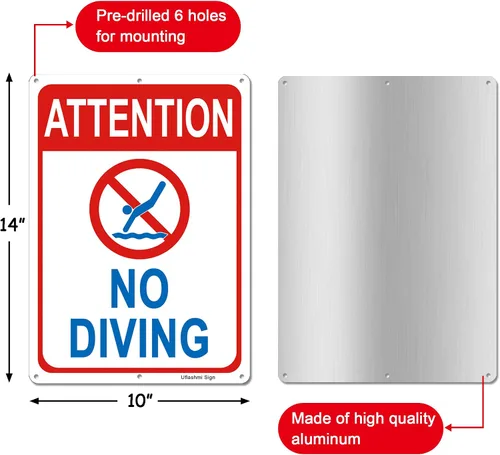Vista 2 de Uflashmi Letrero de "No Bucear" en la piscina, letrero de metal con la atención de no buceo, 10 x 14 pulgadas