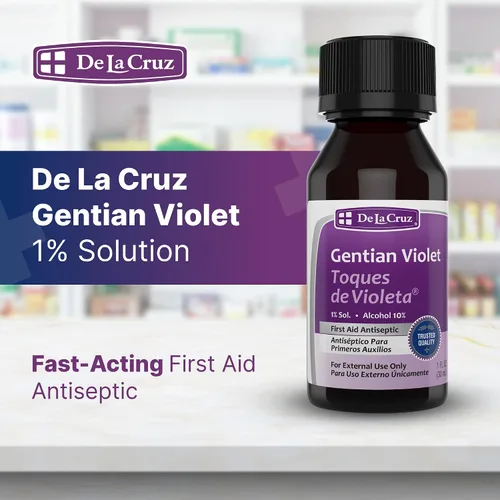 Vista 2 de De La Cruz Gentian Violet - Violeta de Genciana 1% Antiséptico para primeros auxilios para cortes, raspones y quemaduras, 1 onza líquida