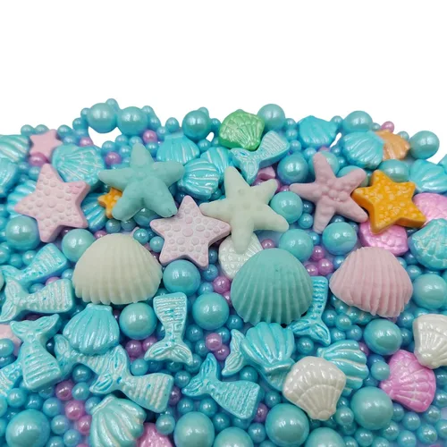 Vista 5 de Homankit Gránulos de dulces de sirena para hornear, postre, magdalenas, decoración de pasteles, estrella de mar, concha de mar, perla y sirena Azul
