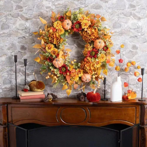 Vista 2 de Ochine Corona artificial de otoño para puerta delantera, decoración de otoño, corona de cosecha de otoño, corona de cosecha de otoño, hoja de arce B