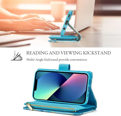Vista 2 de UEEBAI Funda para iPhone 13 de 6.1 pulgadas, Cartera de piel sintética retro a prueba de golpes con función de soporte de ranuras para tarjetas Azul