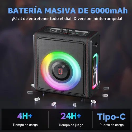 Vista 5 de Máquina de karaoke, altavoz portátil Bluetooth 5.3 con 2 micrófonos inalámbricos para adultos, sistema PA con corrección de tono y ajuste de eco