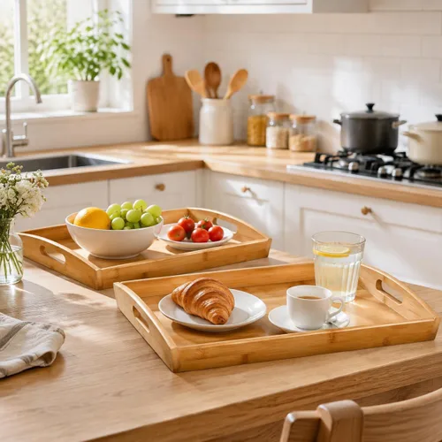 Vista 9 de Peohud Paquete de 4 bandejas de bambú para servir con asas, bandeja rectangular de comida de cocina para comer, bandejas de cena para comer