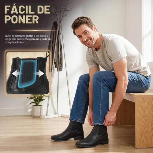 Vista 8 de J's.o.l.e - Botas vaqueras para hombre con punta cuadrada Chelsea Negro