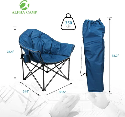 Vista 3 de ALPHA CAMP Silla de camping de gran tamaño, redonda, con platillo de luna, acolchada, plegable, con soporte para vasos y bolsa de transporte.