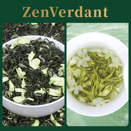 Vista 3 de ZenVerdant Té verde de jazmín de primera calidad, hojas sueltas, baja en cafeína, alto antioxidante, suave, no amargo, listo para preparación
