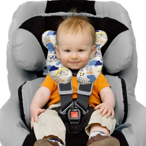 Vista 7 de Almohada de viaje para bebé, cojín suave y agradable a la piel para asiento de automóvil, cochecito y cochecito (dinosaurio azul)