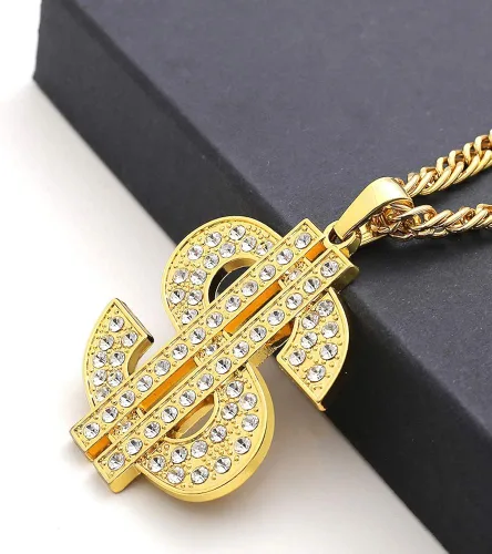 Vista 2 de Gold Chain with Dollar Sign Big Money Necklaces for Men Women,Stainless Steel Iced Out Rhinestone Jewelry,Fashion Pendants with 28 Inches Chain
