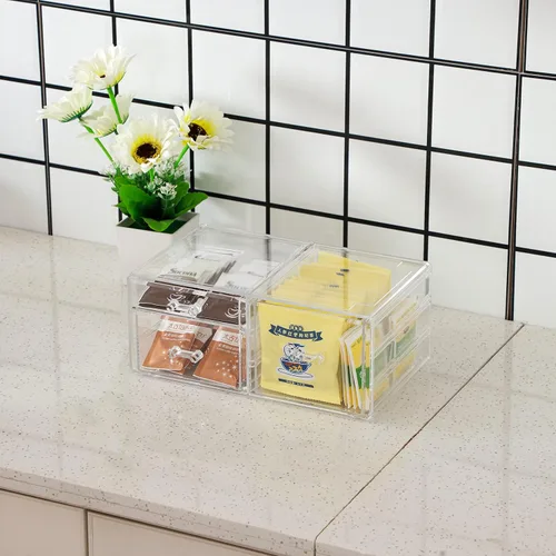 Vista 5 de Cq acrylic Organizador de maquillaje apilable con 3 cajones, organizador de cajones transparente para mostrador de tocador, organizador