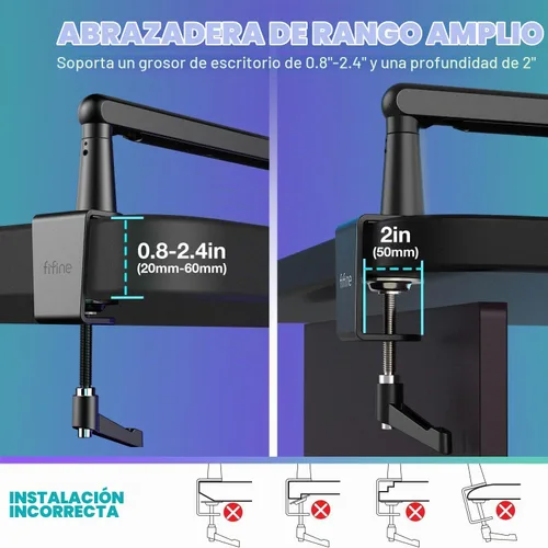 Vista 3 de FIFINE - Micrófono para juegos y paquete de soporte de brazo de perfil bajo, micrófono dinámico XLR/USB con botón de silencio, luz RGB, soporte