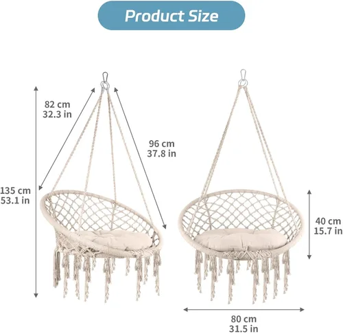 Vista 4 de Silla columpio de macramé con cojín y accesorios extraíbles, hamaca resistente tejida a mano con cuerda de algodón, soporta 330 libras para patio