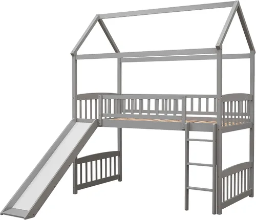 Vista 5 de Litera con tobogán y cama inferior con forma de casa, sin necesidad de somier, para adolescentes, niñas o niños, tamaño individual, color gris Merax