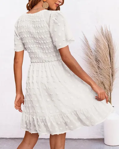 Vista 3 de BTFBM - Vestido de vacaciones en la playa para mujer, cuello en V, manga corta, fruncido, plumetí, casual, con volantes,vestidos cortos
