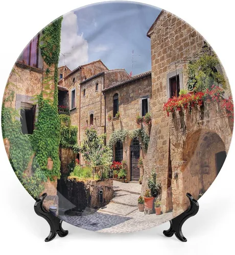 Vista 15 de Plato decorativo de 6 pulgadas, cerámica toscana, antigua calle italiana en pequeña ciudad provincial de Italia, placa de exhibición europea hecha a