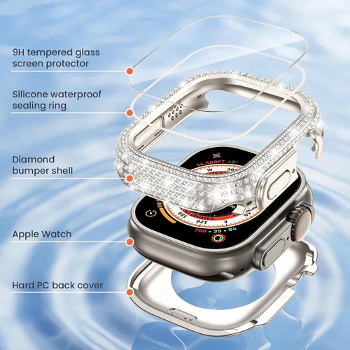 Vista 4 de LETOID - Funda impermeable para Apple Watch Ultra/Ultra 2, protector de pantalla de 1.929 in, funda protectora de cristal duro frontal con diamantes