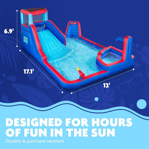 Vista 3 de Sunny & Fun - Parque inflable de cuatro esquinas, resistente para diversión al aire libre, pared de escalada, tobogán y piscina profunda, fácil