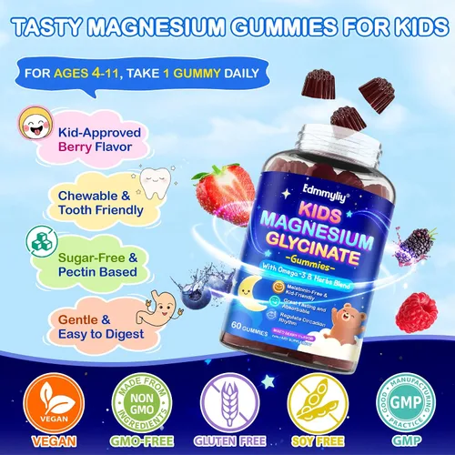 Vista 7 de Gomas de glicinato de magnesio para niños - Suplemento de glicinato de magnesio 200mg con L-teanina Omega-3, calcio, vitamina D3 y B12 para niños