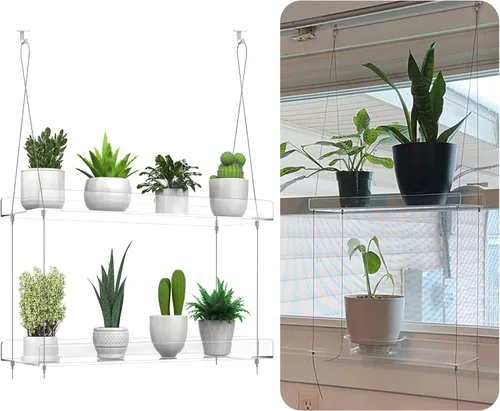 Vista 7 de Estantes transparentes colgantes de 2 niveles para plantas en ventanas, estante acrílico de ventana y pared para plantas para cocina, jardines
