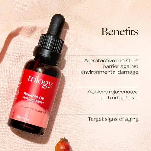 Vista 3 de Trilogy Aceite de rosa mosqueta orgánico certificado antioxidante+ dúo, con antioxidantes enriquecedores y ácidos grasos esenciales, 1.0 onzas