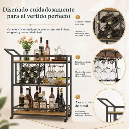Vista 4 de FATORRI Carrito de bar para el hogar, carritos de vino rodantes sobre ruedas con estantes de madera de 3 niveles, carrito de bebidas de licor
