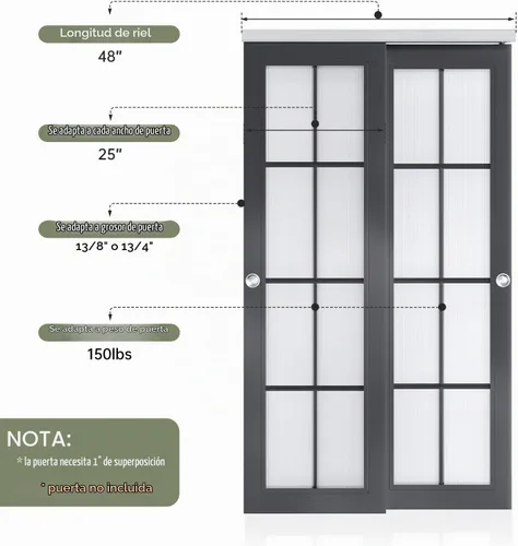 Vista 4 de EaseLife Kit de herrajes para puerta corredera doble bypass de 4 pies/48 pulgadas, grado comercial, aluminio, riel bypass para puertas de armario