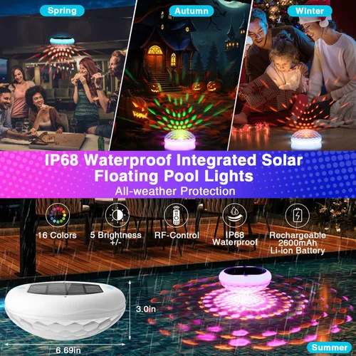 Vista 5 de Luces solares para piscina (1 unidad), 2600 mAh USB recargables luces flotantes flotantes de 6.7 pulgadas IP68 impermeable con control remoto, RGB