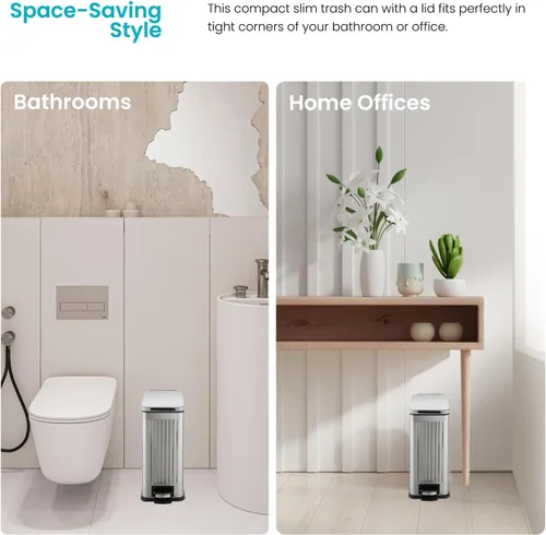 Vista 3 de Home Zone Living - Cubo de basura pequeño de 3 galones con tapa y pedal para pisar, de acero inoxidable con diseño estriado delgado para el hogar